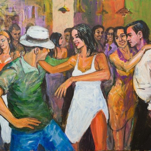 Artistic work of painting representing salsa and bachata dancing croud night entertainment.